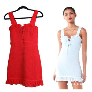 The East Order Womens Xs Dress Tight Fitted Bodycon‎ Red Smocked Ruffles Lace Up
